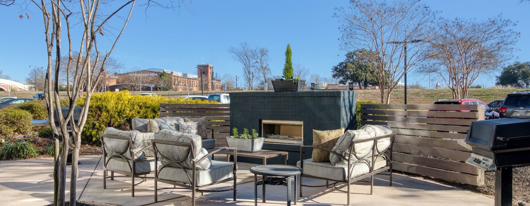 an outdoor fireplace with ample seating